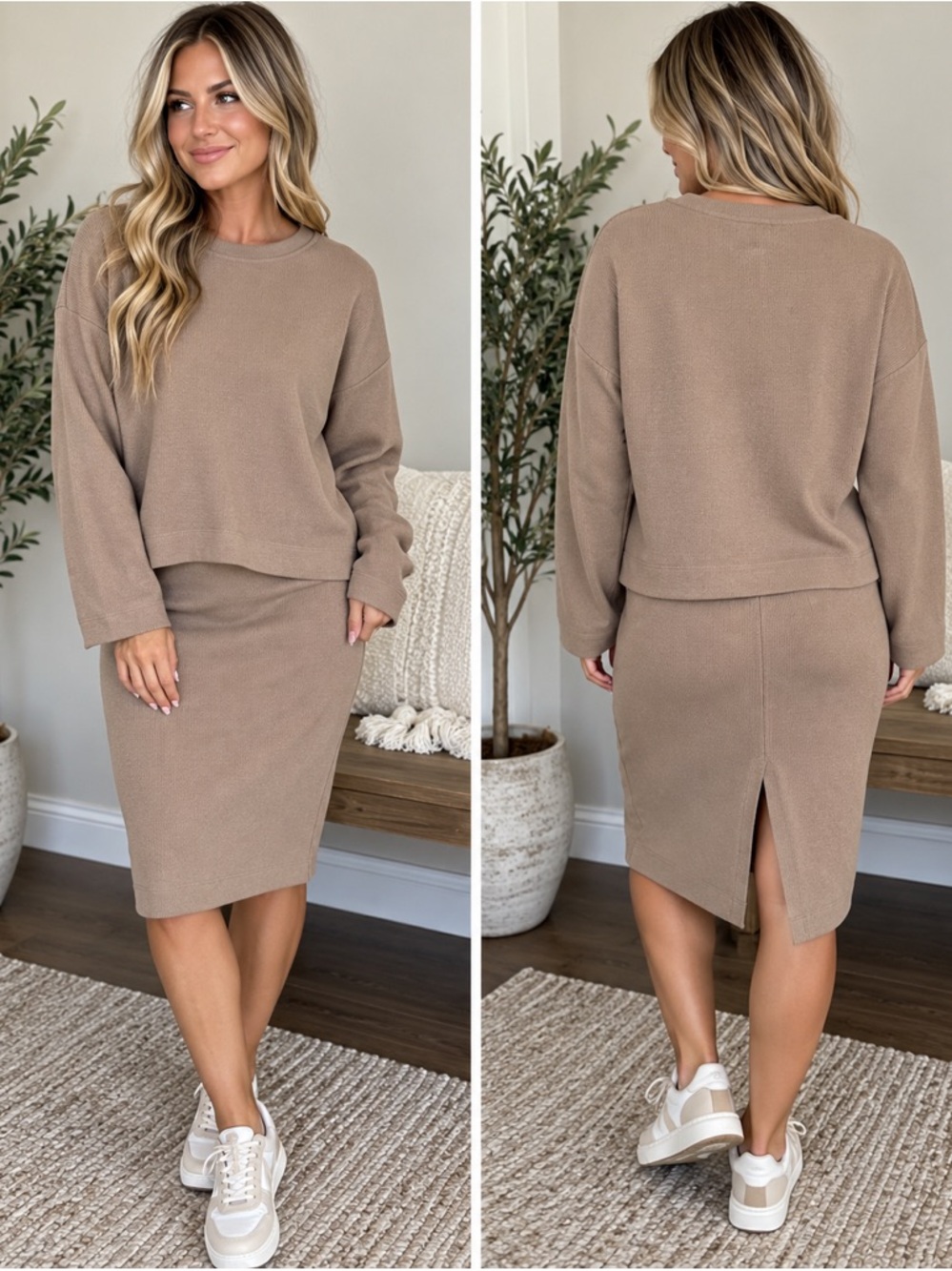 Old Navy Taupe Ribbed Knit 2 Piece Skirt Set